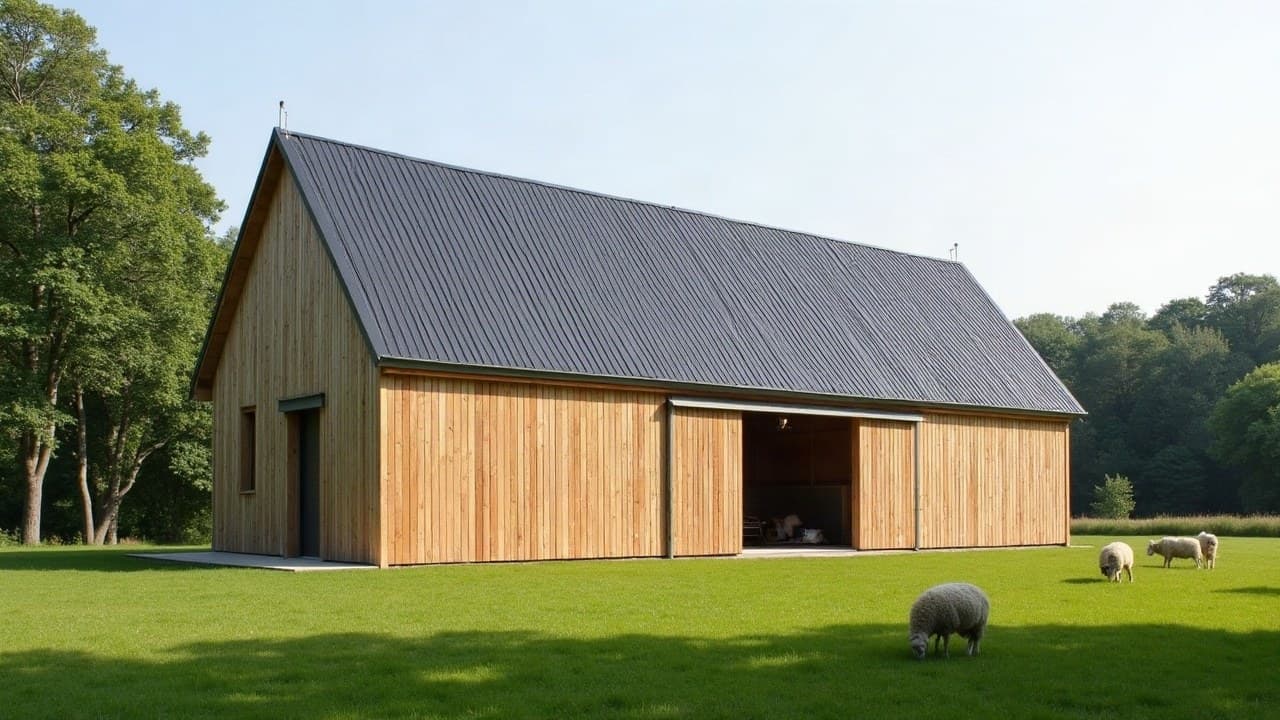 Bâtiment agricole neuf en bardage mélèze et toiture bac acier, en lisière de chênaie, moutons au pré près de Sillé-le-Guillaume