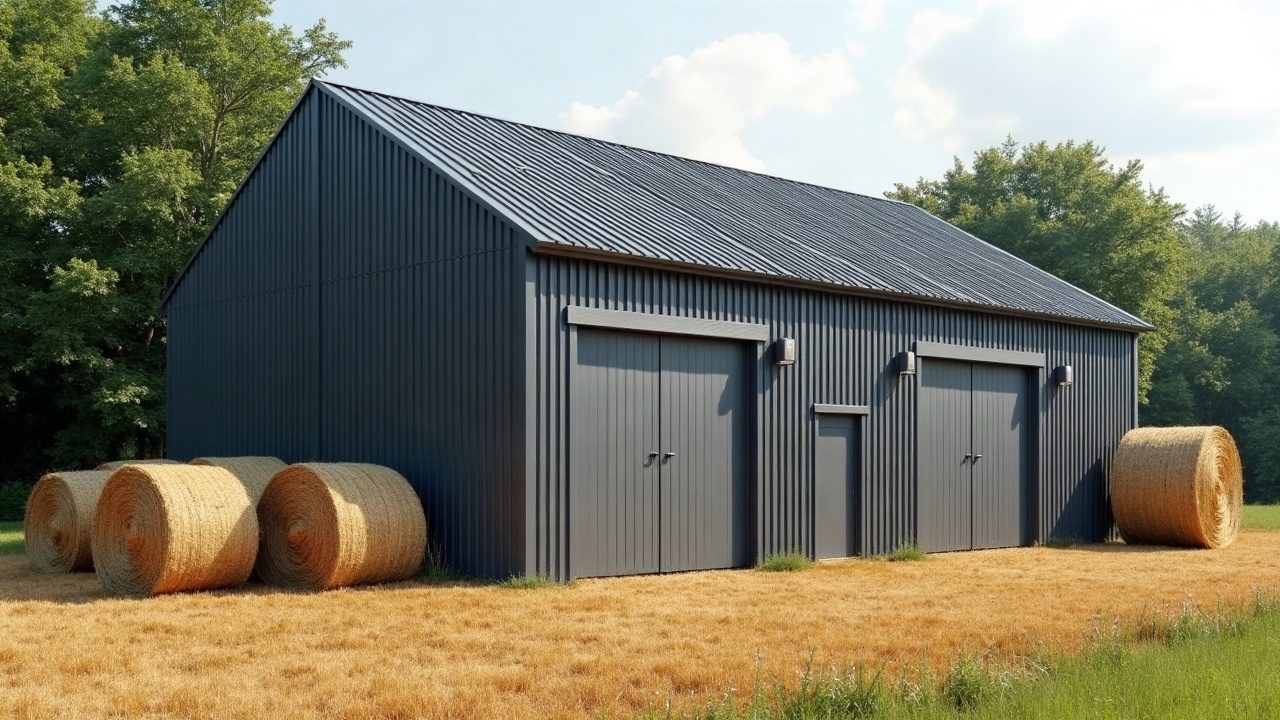 Balles rondes de foin devant un hangar anthracite à la toiture neuve