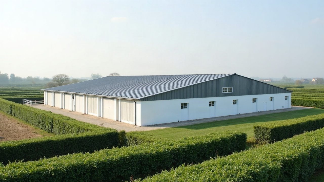 Bâtiment d'élevage blanc à la toiture neuve, entouré de haies