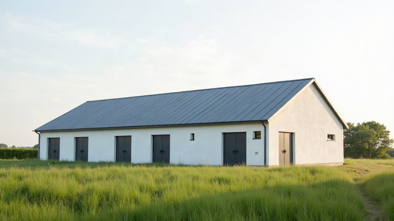 Bâtiment d'élevage aux murs blancs, toiture en panneaux neufs