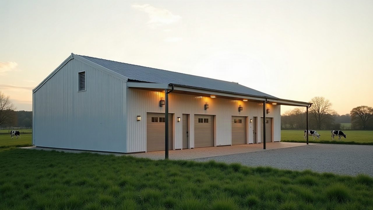 Bâtiment laitier récent au crépuscule, toiture neuve, vaches au pré
