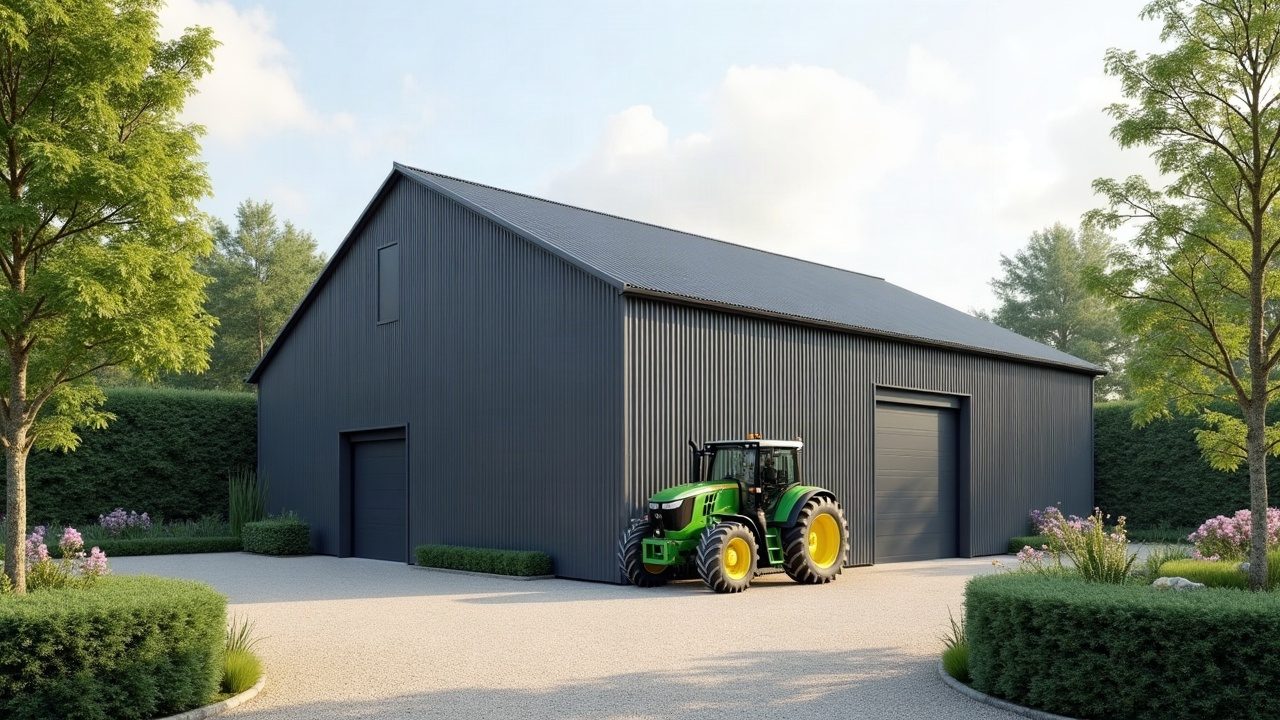 Hangar agricole récent en acier anthracite, toiture neuve et tracteur dans la cour