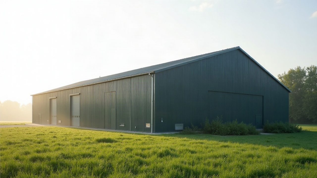 Hangar au bardage vert et à la toiture bac acier neuve, dans la lumière du matin