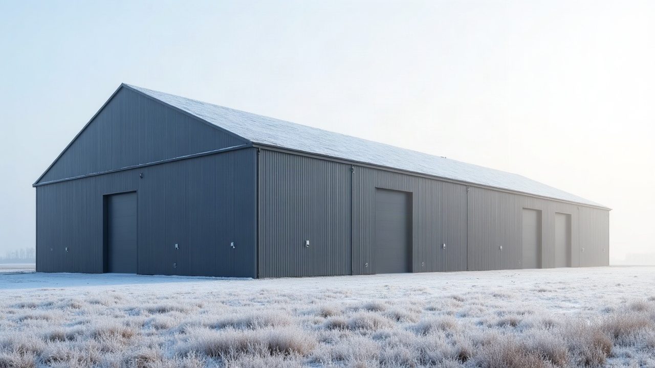 Hangar céréalier à la toiture bac acier neuve, par un matin de givre