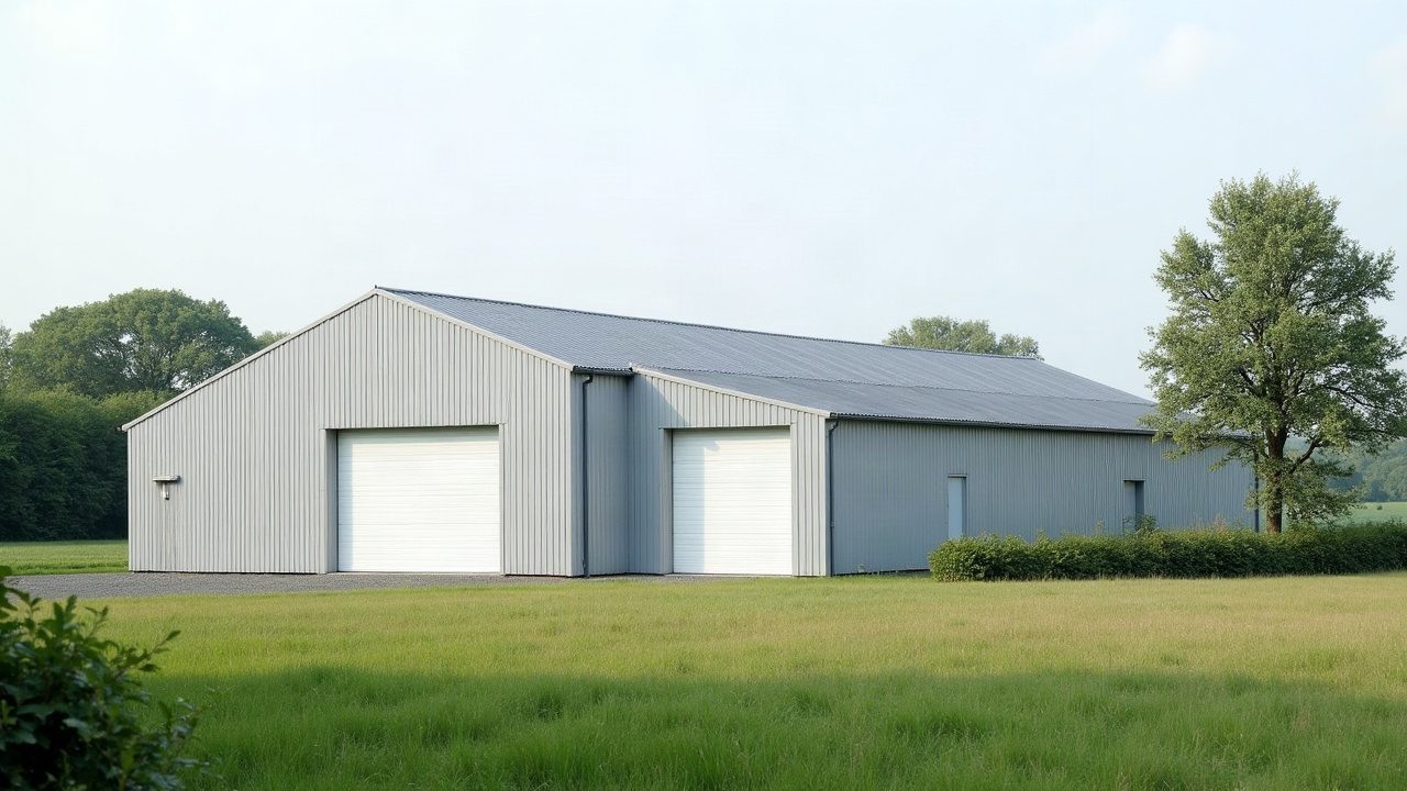 Hangar agricole gris clair à la toiture neuve, portes blanches fermées, en prairie