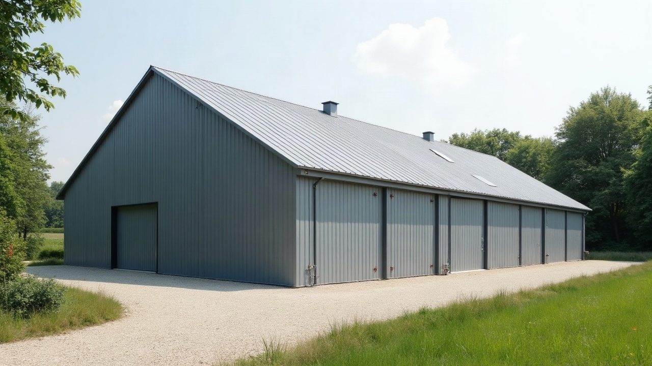 Hangar rénové au bardage gris, toiture neuve et portes fermées