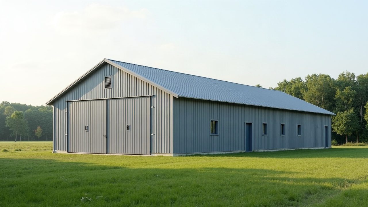 Hangar au bardage gris et à la toiture bac acier neuve, dans une prairie
