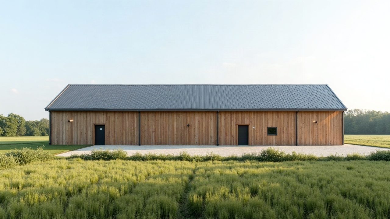 Hangar en bardage bois à la toiture bac acier neuve, face aux champs