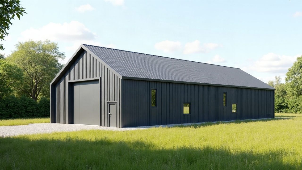 Hangar agricole anthracite à la toiture bac acier neuve, en lisière de bois