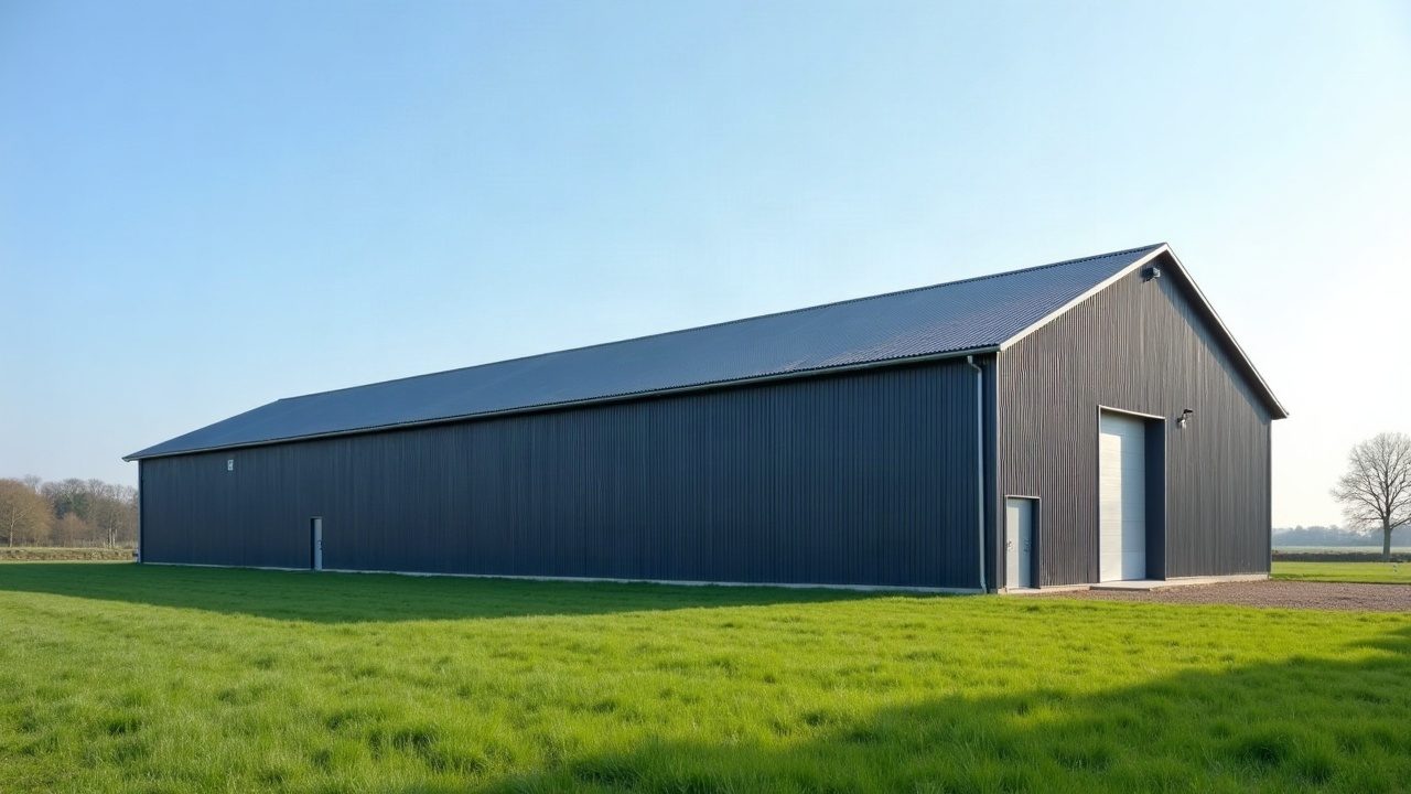 Long hangar anthracite à la toiture bac acier neuve, sous un ciel bleu