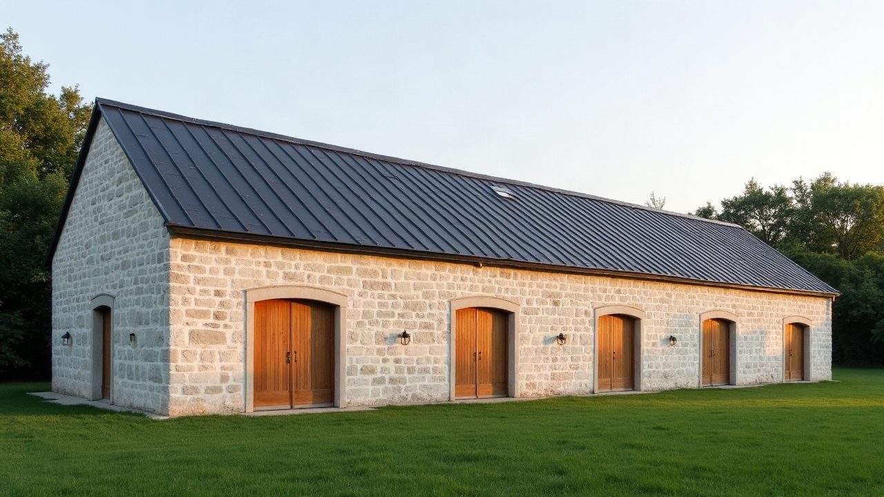 Longère en pierre restaurée, portes en chêne fermées, toiture bac acier neuve