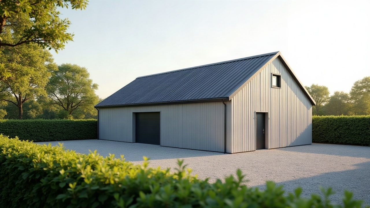 Petit bâtiment agricole gris à la toiture bac acier neuve, entouré de haies