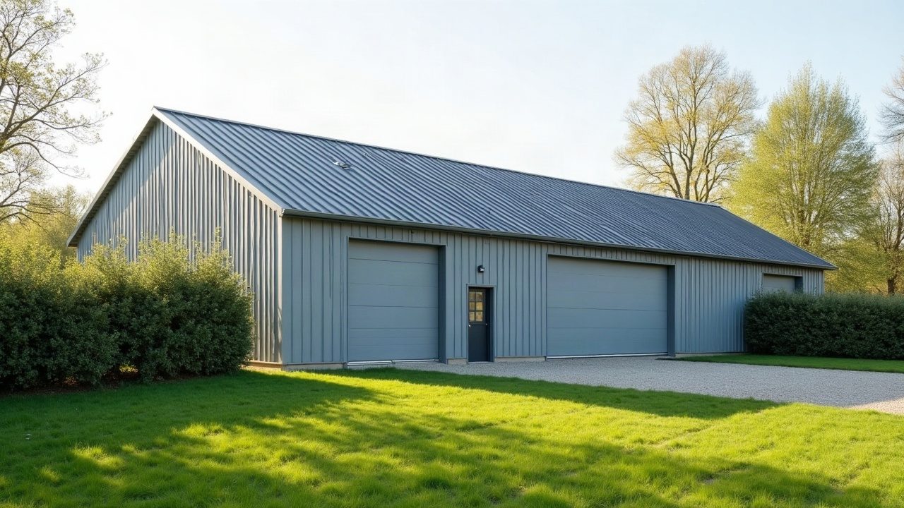 Petit hangar agricole au bardage gris, toiture bac acier neuve et portes fermées