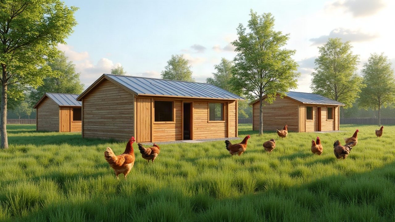 Poulaillers de plein air aux toitures bac acier neuves, poules sur le parcours