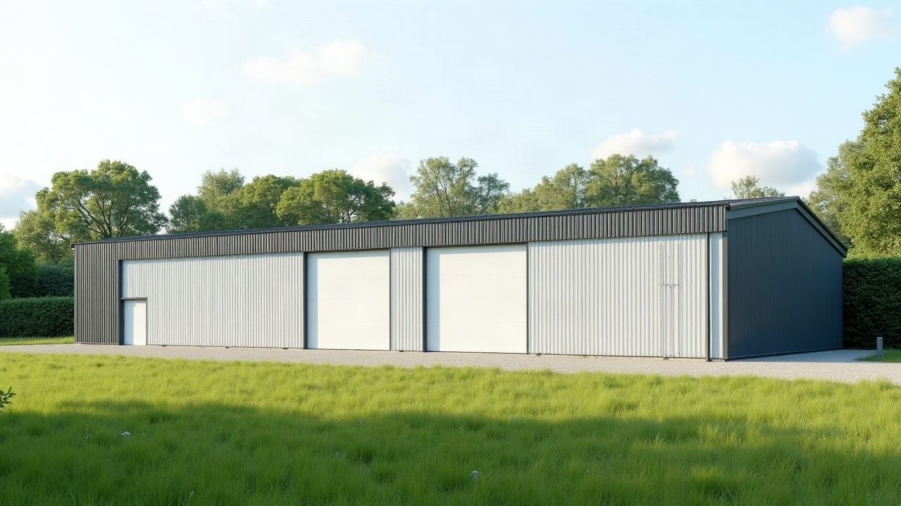 Long bâtiment agricole au bardage clair, toiture anthracite neuve, devant un pré