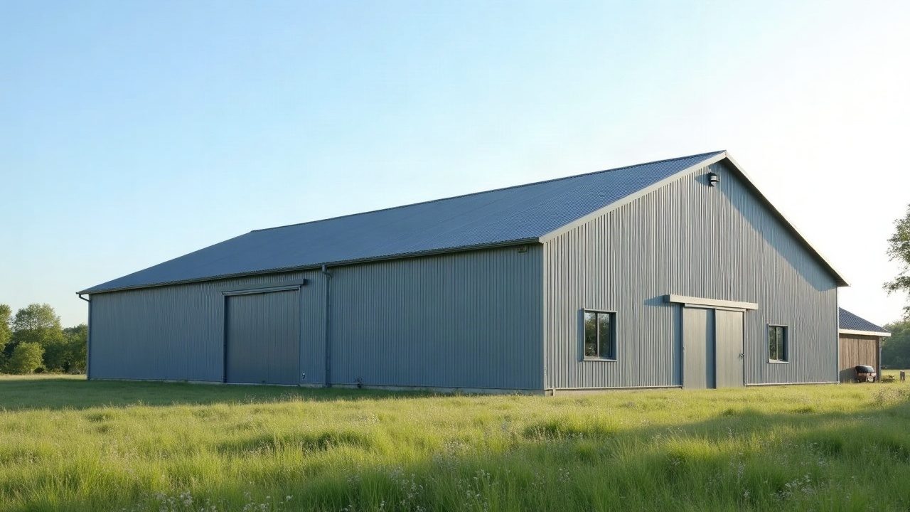 Grand bâtiment agricole gris à la toiture bac acier neuve, ciel bleu
