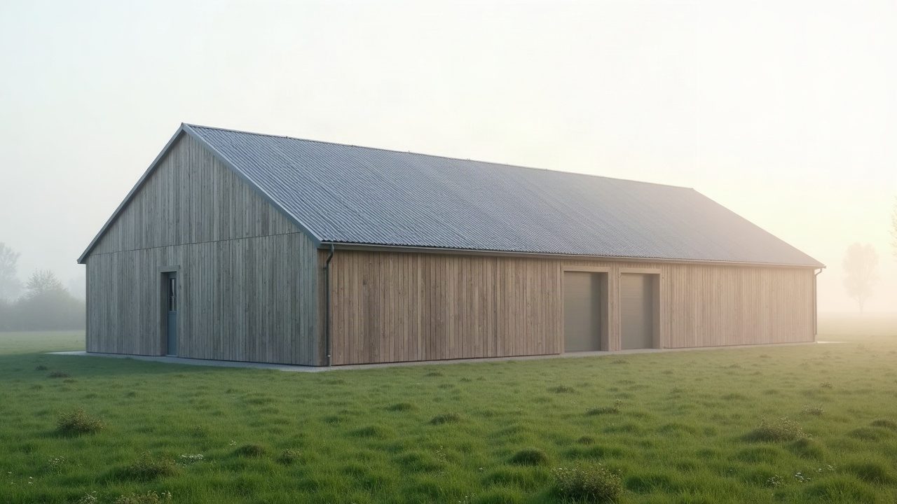Bâtiment d'élevage en bardage bois, toiture neuve, dans la brume du matin