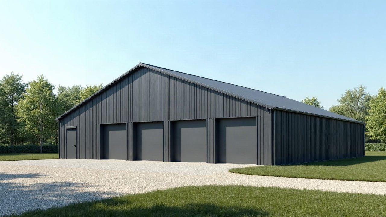 Hangar anthracite à quatre portes fermées, toiture bac acier neuve